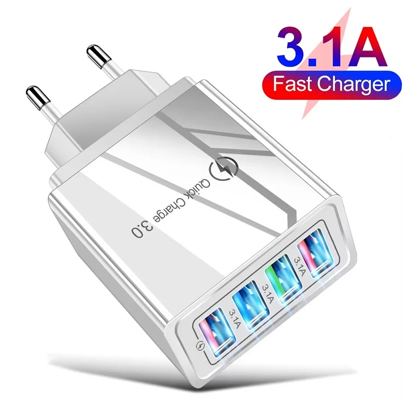 EU Plug USB Charger 4 Ports 3.1A USB Wall Charger Quick Charge QC 3.0 Phone Adapter For iPhone 14 15 Pro Xiaomi USB Fast Charger
