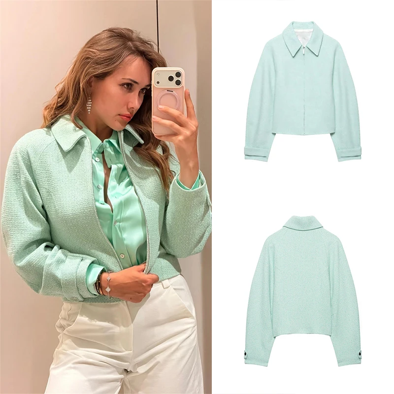 Guobioziy 2026 Spring and Autumn Women's Textured Jacket Light Green Zipper Design French Casual Trend Aesthetic Daily Wear