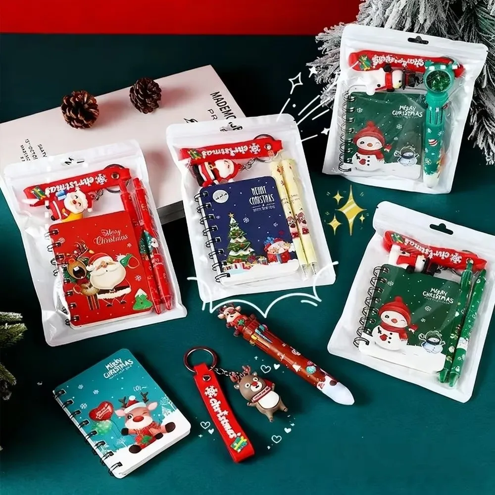 Perfect 3-in-1 Christmas Stationery Set Gel Pen Decorative Keychain Notebook Pen Set Santa Snowflake Holiday Gift Set Xmas Gift