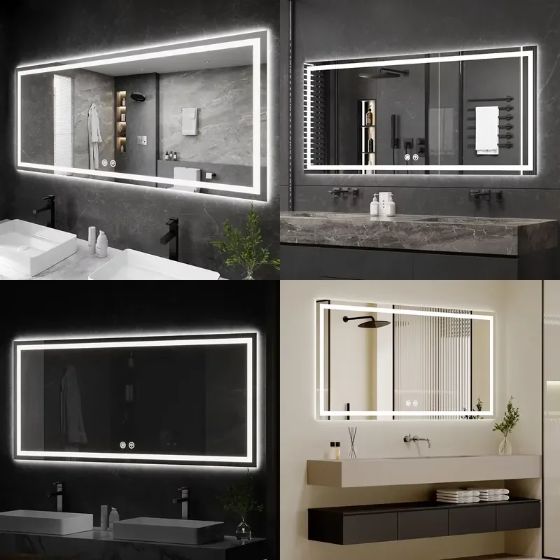 Large Rectangular LED Smart Mirror Modern Touch Screen Bathroom Wall Mirror with Graphic Design for Apartment & Home Decor