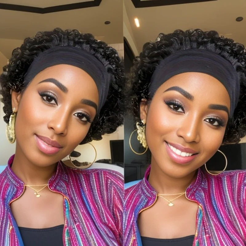 여성용 짧은 곱슬머리 머리띠 가발 인모 전체 기계 제작 가발