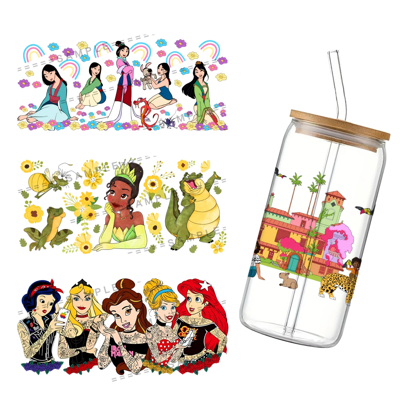 Disney Princess 3D Waterproof UV DTF Cup Wrap for 16Oz Libbey Cartoon Princess Glass Can DIY Transfer Sticker