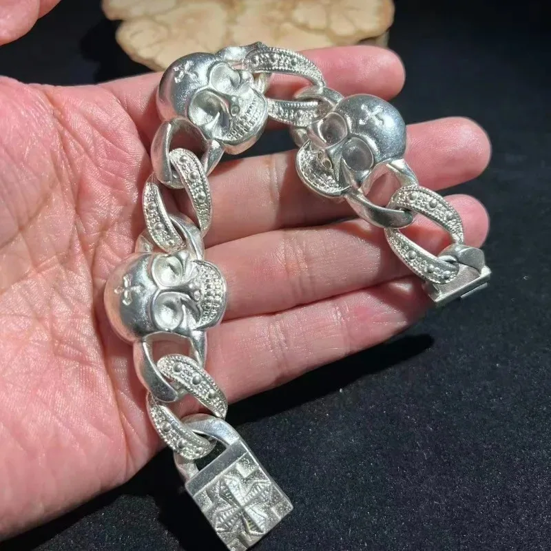 Retro Thick Tibetan Silver Chain Skull Bracelet Punk Gothic Heavy Metal Fashion Jewelry