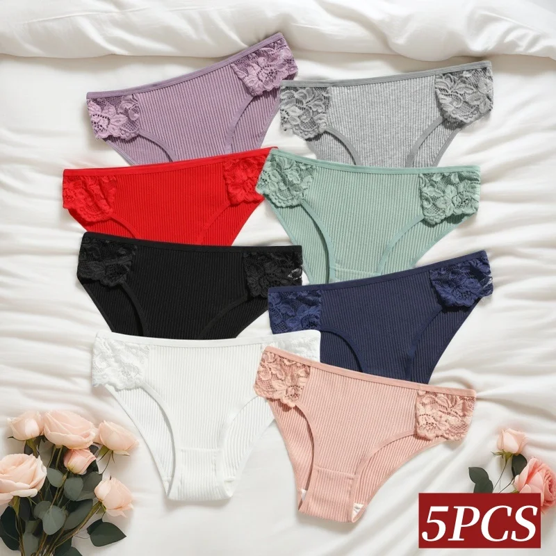 5 Teile/satz Baumwolle Höschen Frauen Low Rise Briefs Atmungsaktive Spitze Trim Unterwäsche Einfarbig Panty Weibliche Unterhose Sexy Dessous