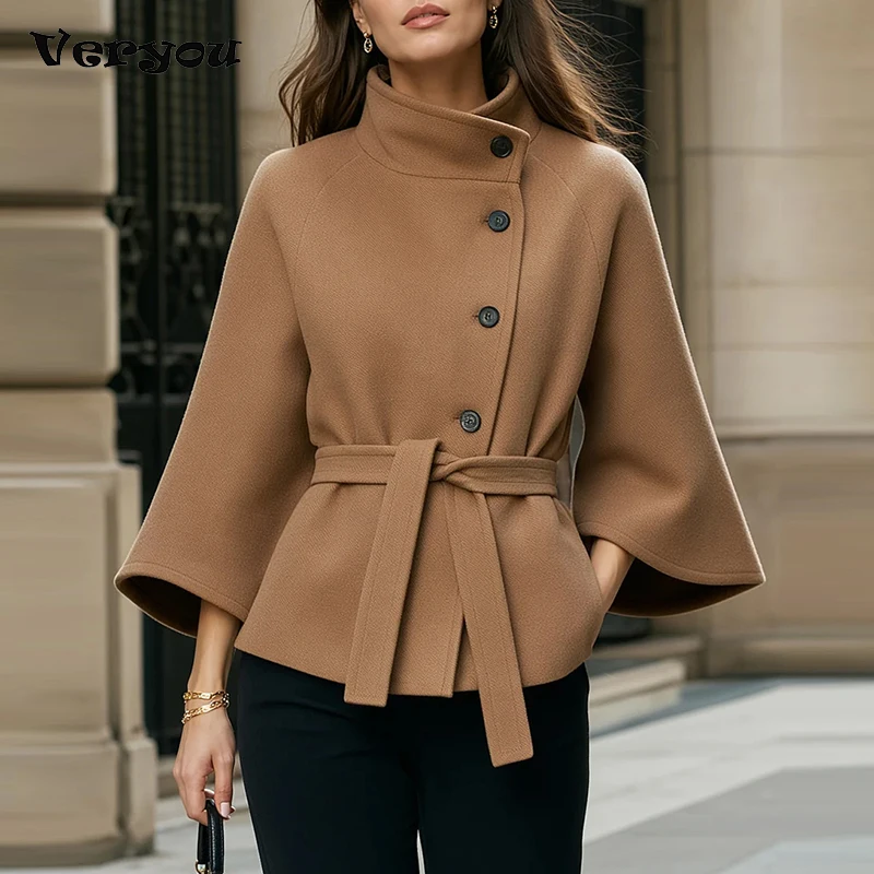 Elegant Wool Blend Cropped Coat With Belt For Women Chic Stand Collar Button Jacket Women Autumn Winter Outerwear Female Coats