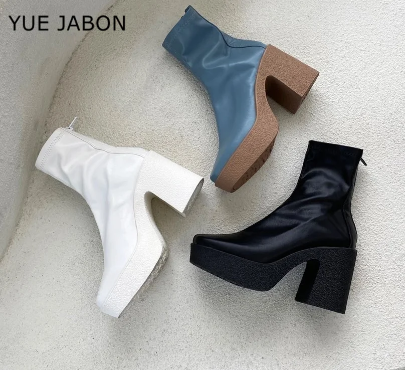 Blue Black Platform High Heels Ankle Boots For Women Elastic Thin Short Sock Botas Autumn Winter Ladies Casual Punk Party Shoes