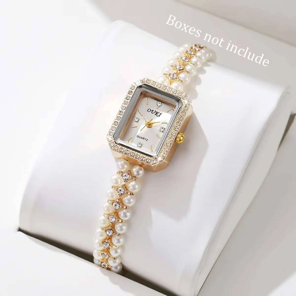 Fashion Square Women Quartz Watch Elegant Imitation Pearls Strap Wrist Watches for Girls Clock Reloj Mujer（Without Box）