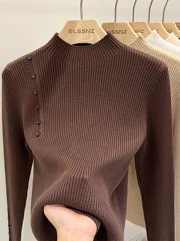 2024 New-coming Autumn Winter Top Pull Femme Turtleneck Pullovers Sweaters Long Sleeve Slim Button Korean Women's Sweater