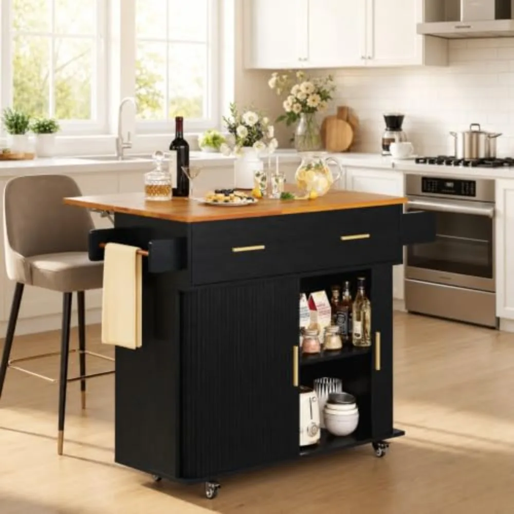 Rolling Kitchen Island with Drop Leaf Countertop&Ample Storage - 39.4