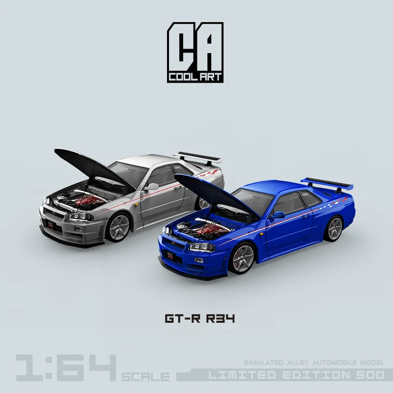 TIME MICRO/COOL ART 1:64 GTR-R34 Silvery And Blue  Car Open Cover Model Car for Collection & Display & Gift