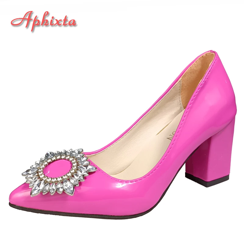 

Aphixta 2023 Patent Leather 7cm Square Heels Pumps Women Shoes Crystal Sunflower Buckle Party Official Leisure Big Szie 31-50