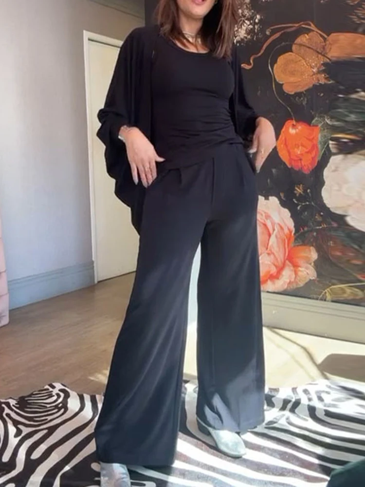Drauuing 3 Pieces Sets Women Top With Wide Leg Pant Women Loose Casual Fashion Pant Sets Women Cardigan Outfits 3 Pieces Sets