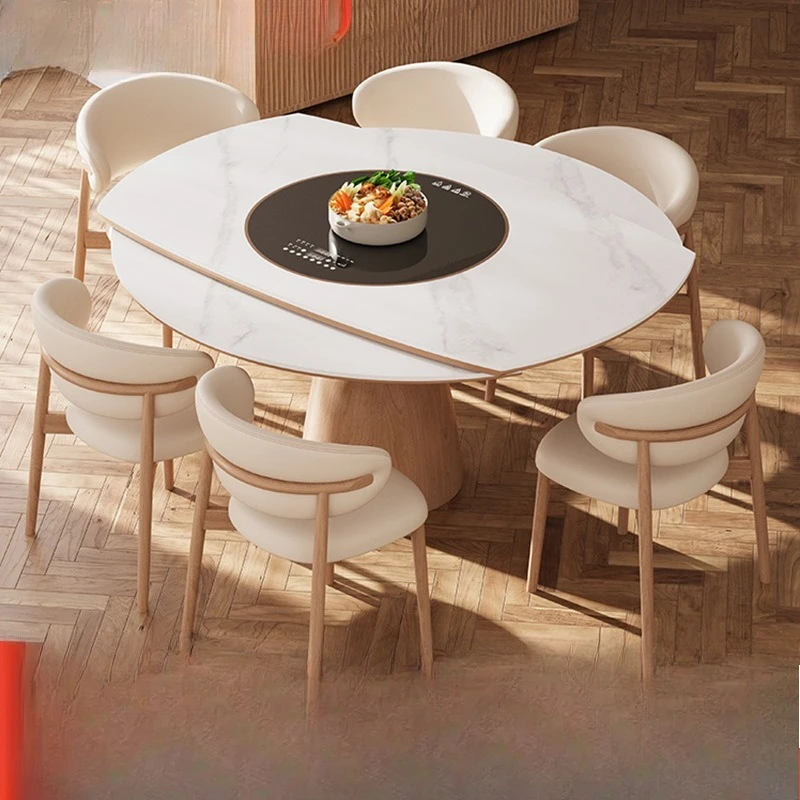 

Medieval solid wood telescopic rock slab folding dining table modern simple with turntable embedded induction cooker household r