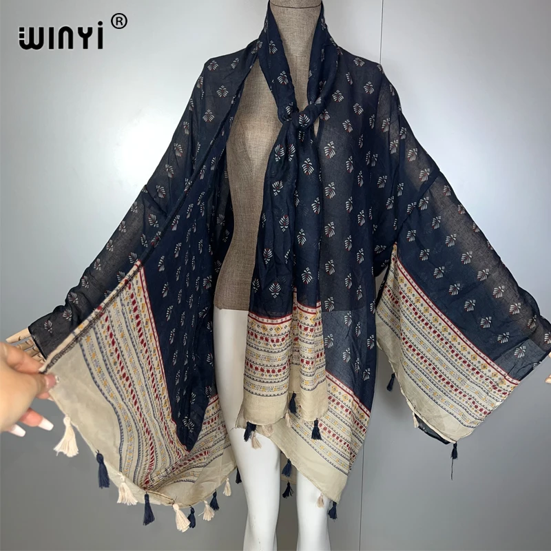 WINYI 보헤미안 프린트 기모노 비치 의상 여성 수영복 커버업 보호 카디건 스티치 셀프 벨트 휴가 긴팔 프린트 코트