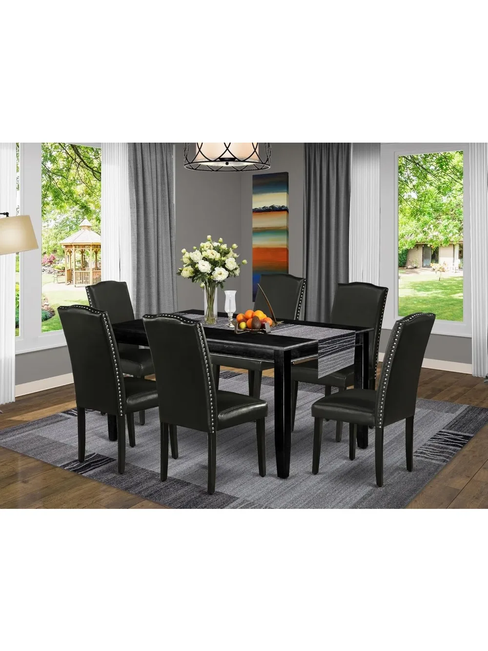 DUEN7-BLK-69 7 Piece Dining Table Set Consist of a Rectangle Kitchen Table and 6 Black Faux Leather Parson D