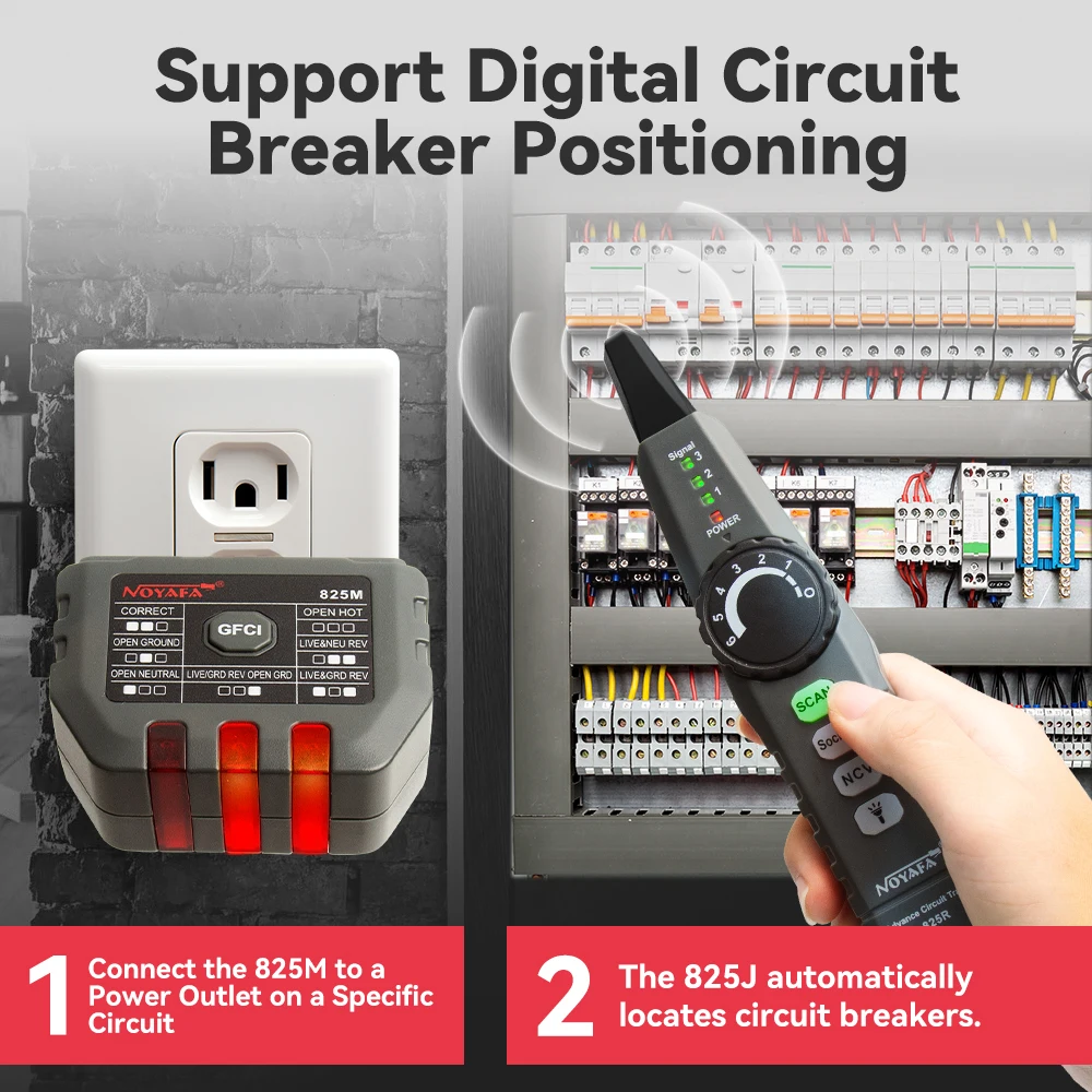 Noyafa NF-825MJ Trova interruttori automatici 120V Tester per interruttori di circuito Tester per prese per fusibili Strumento diagnostico per elettricisti