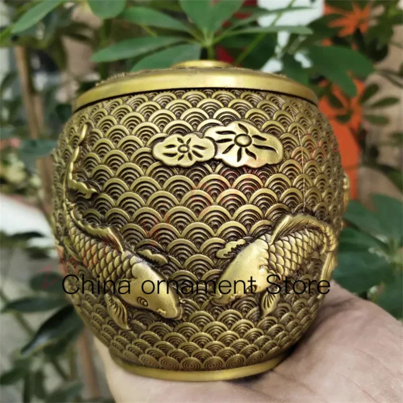 Brass lotus leaf fish pond tea pot, storage pot, exquisite household handicraft ornaments, auspicious ornaments