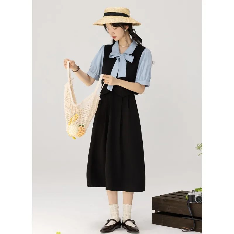 French Vintage Color Clash False Two-piece Short-sleeved Dress Women Sweet Preppy Style Casual Mid-length Dress Female