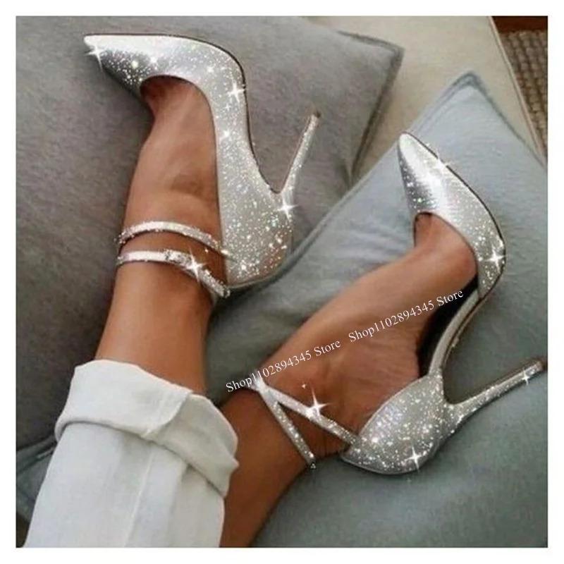 

Silver Glitter Lace Up Shallow Pumps Thin High Heel Pointed Toe Fashionable Sexy Cool Western Summer Woman Shoes Zapatilla Mujer