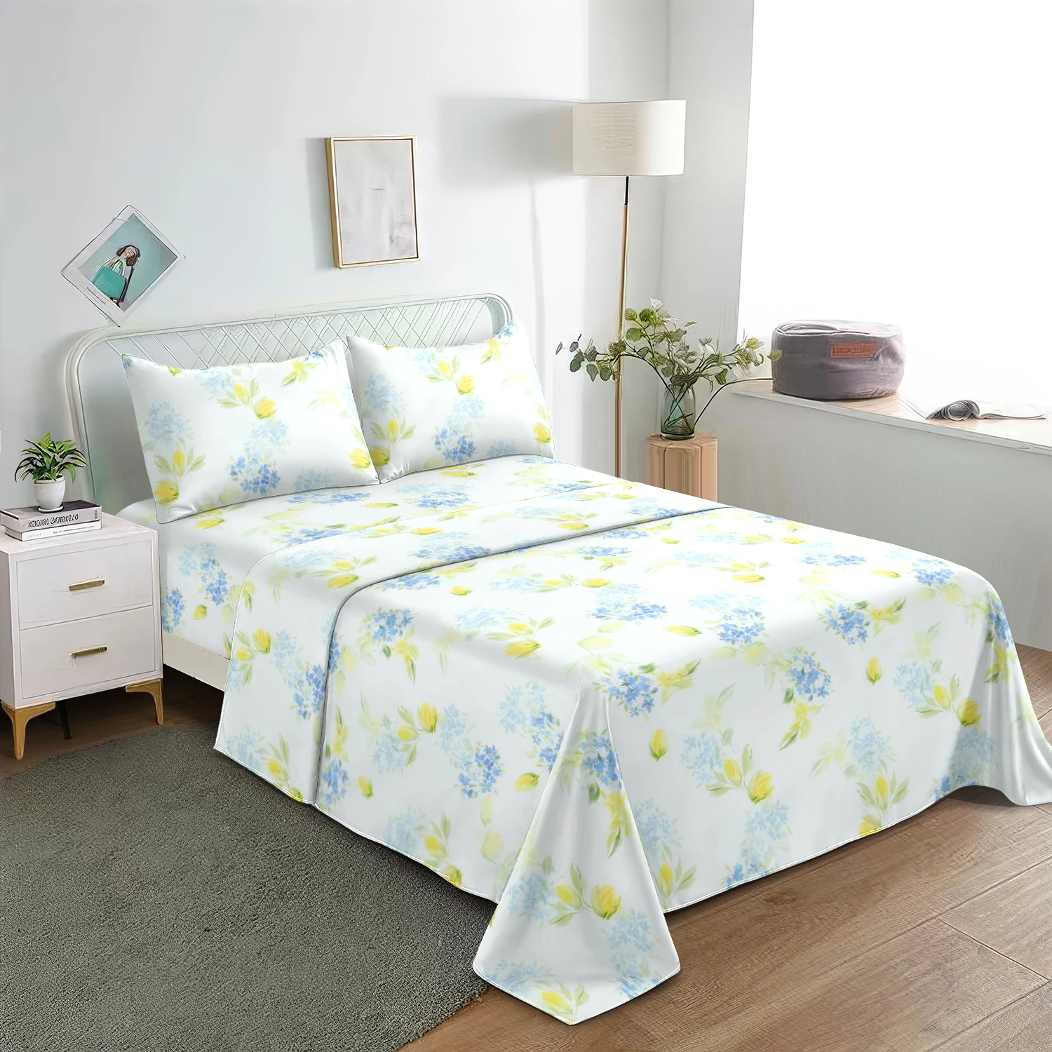 3Pcs Light Blue Hydrangea Floral Flat Sheet Set, White Watercolor Blue Hydrangea and Yellow Bud Print Flat Sheet Fitted Sheet
