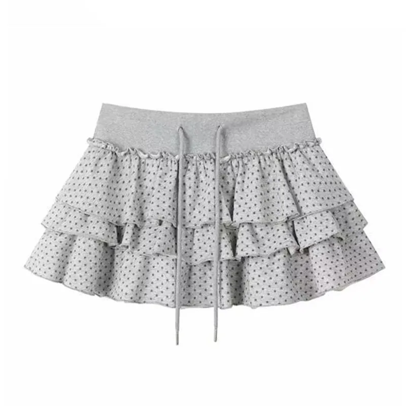 Gray Star Print Mini Skirt Women 2026 New Drawstring Elastic Waist A-line Fluffy Cake Skirts Vintage Y2k Casual Faldas