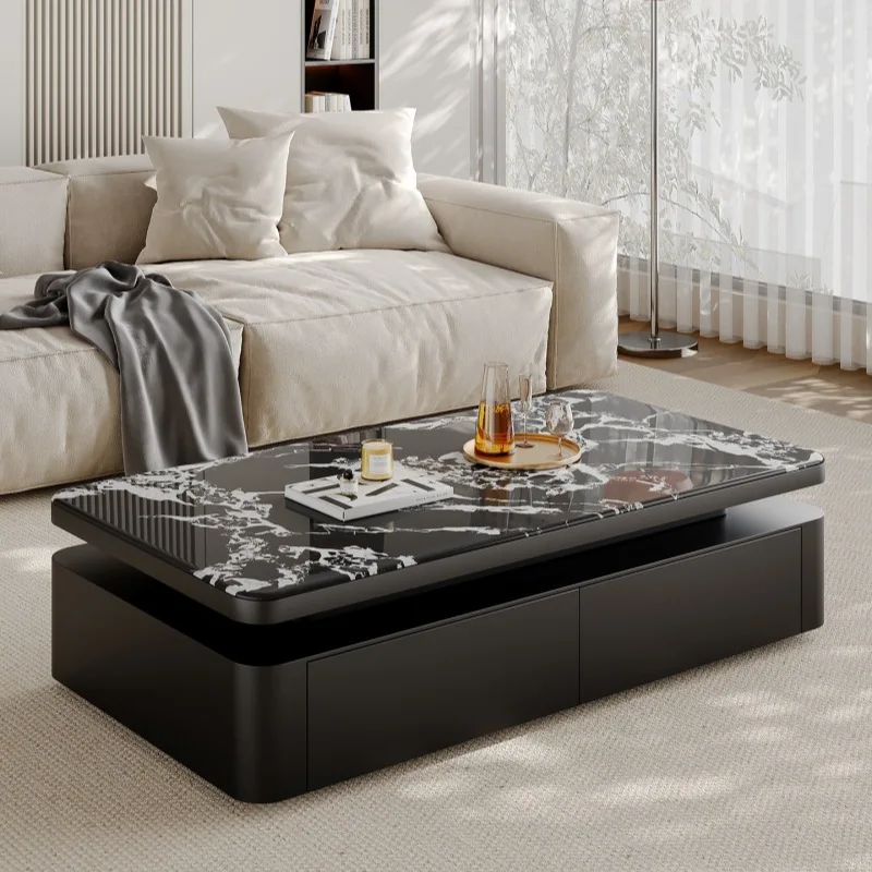 Living room household glass crystal stone coffee table high-end rectangular coffee table large-capacity storage with drawers