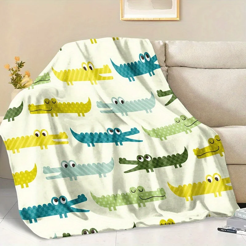 1pc Fluffy Blanket Cartoon Crocodile Print White Throw Blanket White Blanket Barefoot Bream Blanket Throw Blanket for Sofa Winte