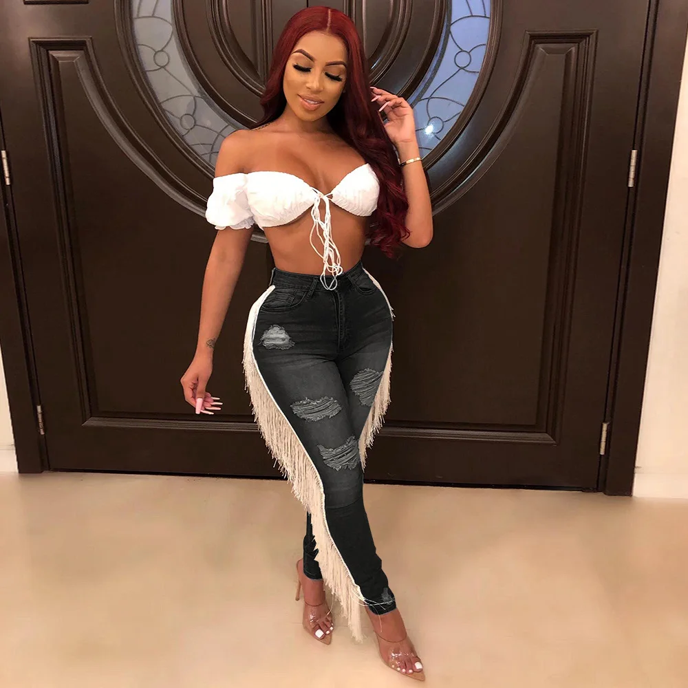 

EOENKKY Джинсовые брюки женские джинсы для мам длинные брюки с кисточками и высокой талией прямые брюки Y2k облегающие облегающие уличные брюки