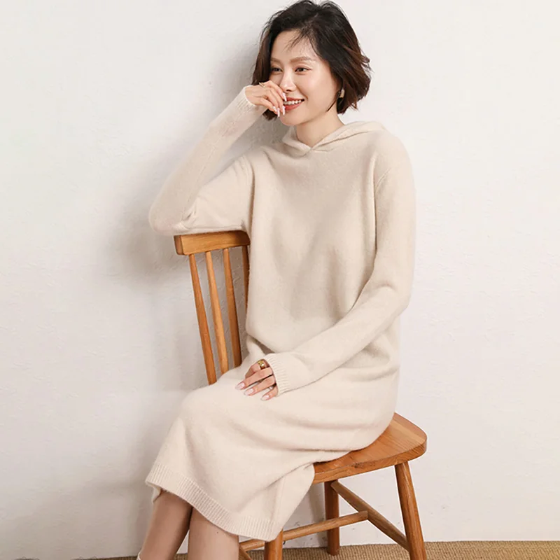 100% Pure Cashmere Hooded Long Dress Autumn and Winter New Loose Over knee Woollen Dress Cashmere Sweater Knitted Dress Women