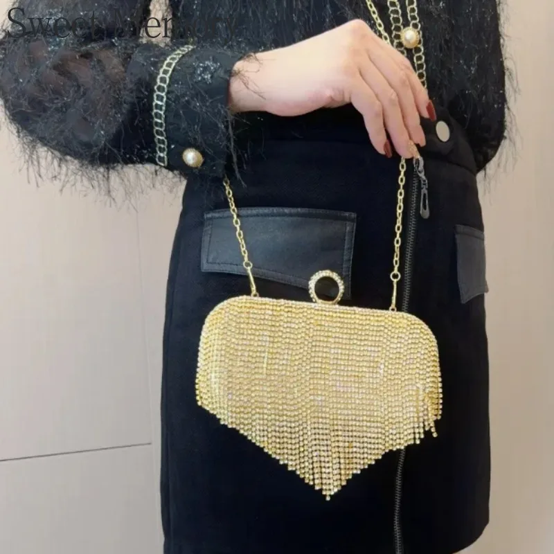 Bolso J150 2025, bolso con diamantes de imitación y borla dorada y negra con memoria dulce, vestido de noche, bolsos con incrustaciones de diamantes para banquete, bolso de alta sociedad