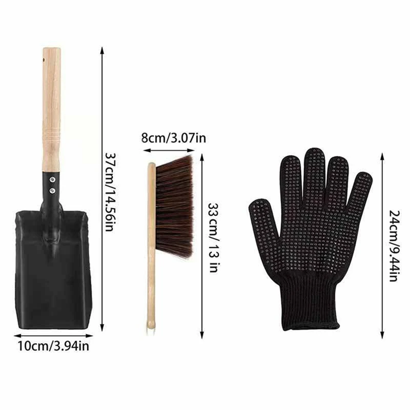 Hearth Brush Set Kit Silicone Gloves,Fireplace Shovel Hand Shovel And Brush Wooden Handles Coal Fireplace Tool Set Kit For Home