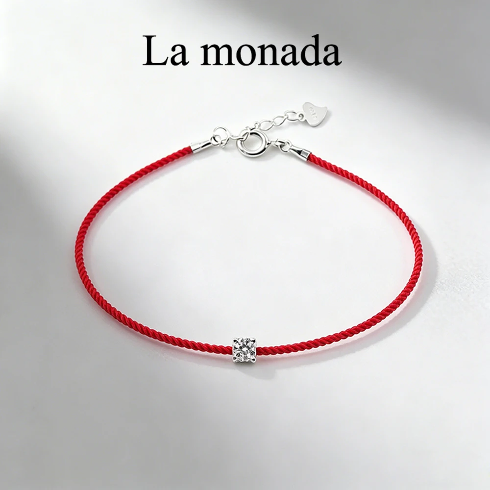 La Monada 925 Sterling Silver Red String Bracelet Single Zircon Adjustable Red Thread Rope Bracelet For Women Girls Minimalist