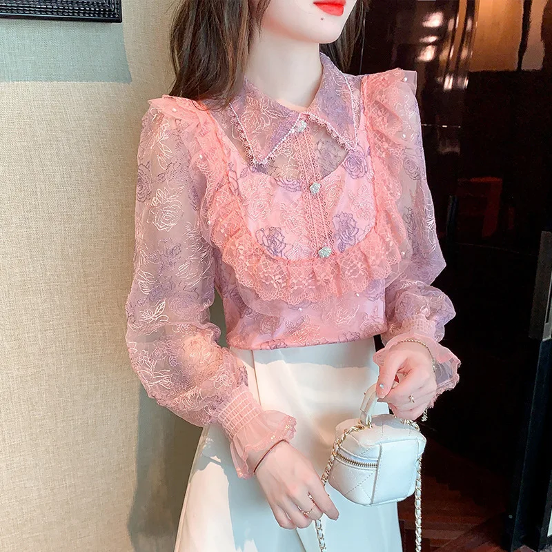 #2574 Lace Blouse Women Split Joint Long Sleeve Perspective Mesh Embroidery Vintage Blouse Femme Thin France Style Sexy Spring