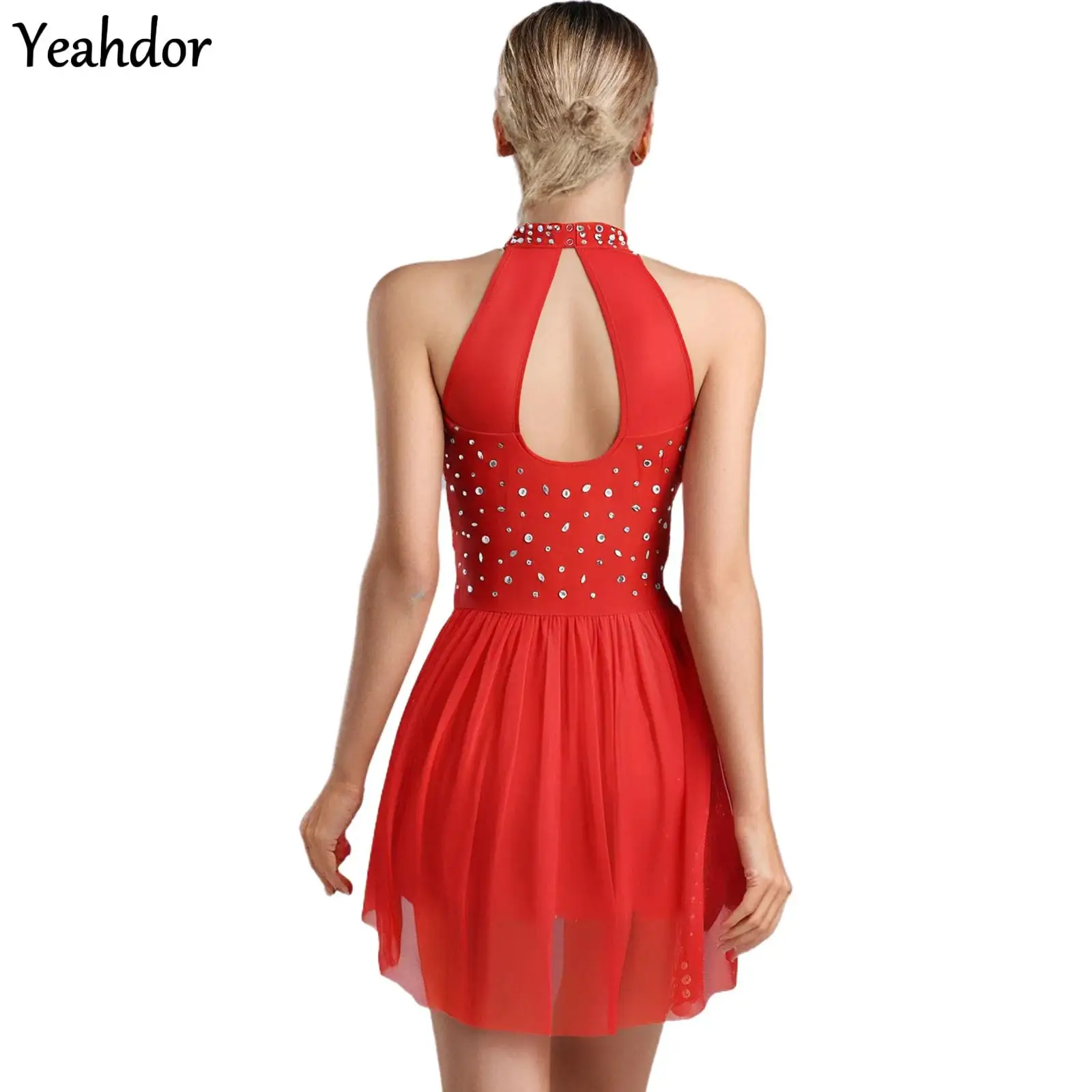 

Women Rhinestone Halter Sleeveless Latin Dance Leotard Irregular Skirted Bodysuit Gymnastics Skating Cha-cha Samba Tango Costume