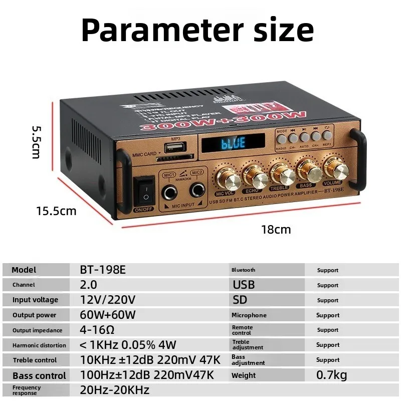 BT-198E Mini Bluetooth Power Amplifier 12V 220V USB SD FM Stereo Amp Dual Mic Home Speaker Replacement Audio Accessory