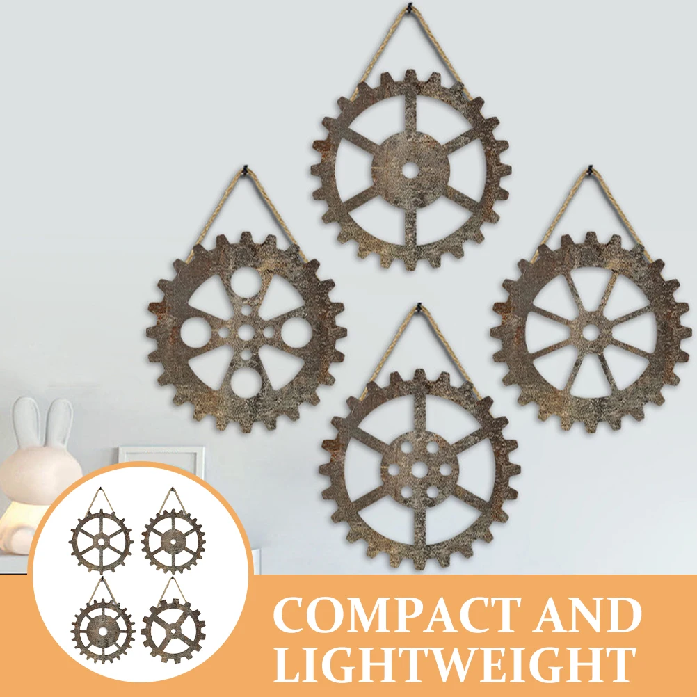 

4 Pcs Gear Wall Hanging Retro Wood Decor Industrial Style Vintage Wooden Wheels Home Wall Decorations Fence Gate Art