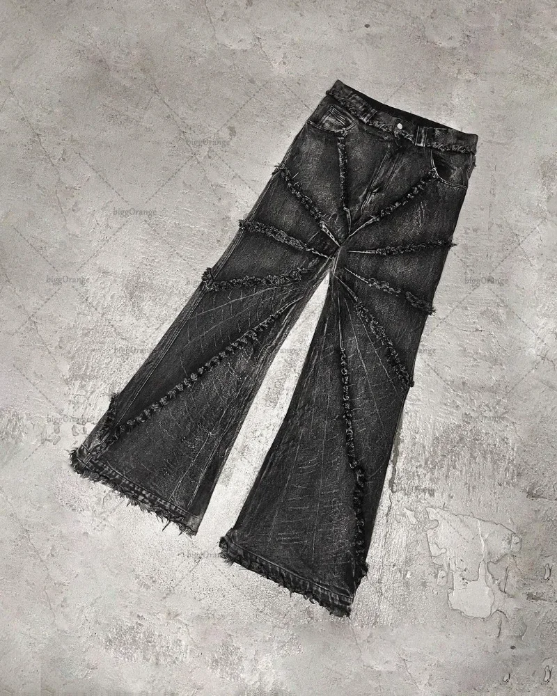 

Fmxires New American Y2K Destructive Spider Web Design Jeans Men's Streetwear Hip-hop Rough Edge Loose Denim Wide Leg Pants Chic