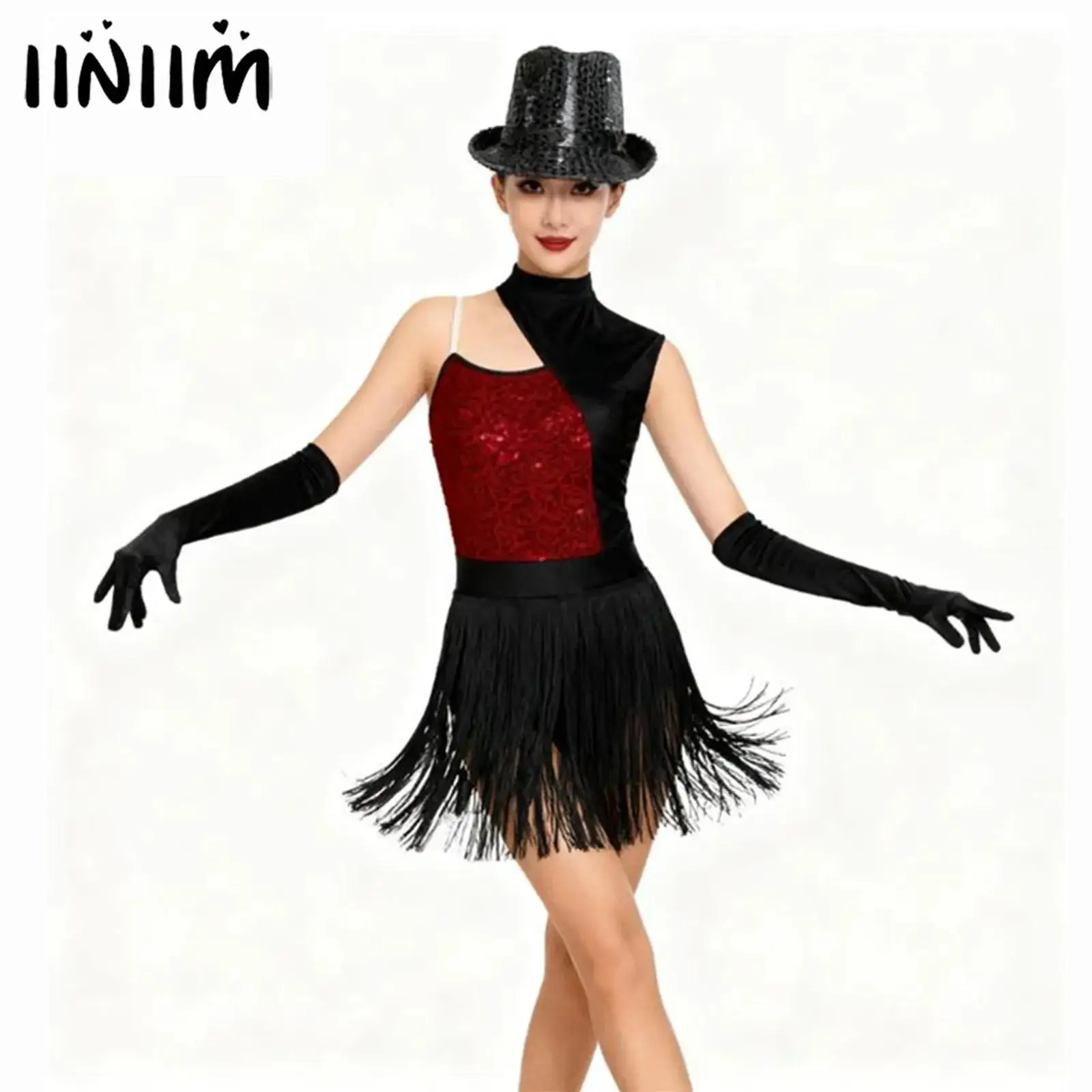 

Womens Latin Jazz Latin Dance Performance Leotard Costume Ballet Dance Outfit Shiny Sequins Fringed Bodysuit with Gloves Hat