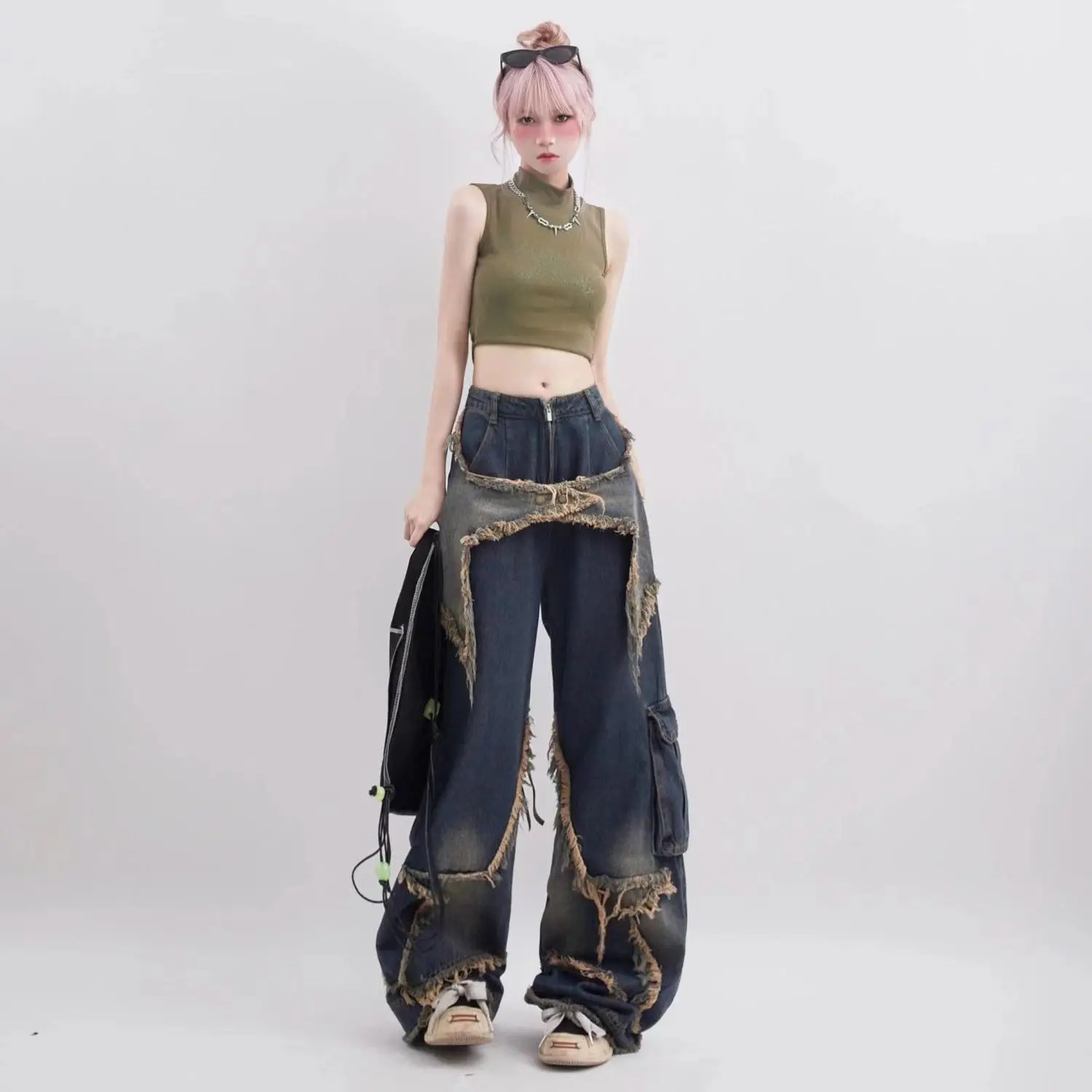 Washed Five-Point Star Frayed Hem Jeans Women New Vintage Y2K Korean High Street Loose Oversized Straight Leg Long Pants