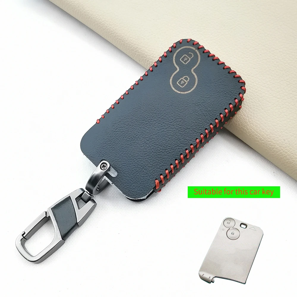 Leather Key Case For Renault Clio Logan Megane 2 3 Koleos Scenery Card 2 Button Smart Remote Control Cover Accessories Shell