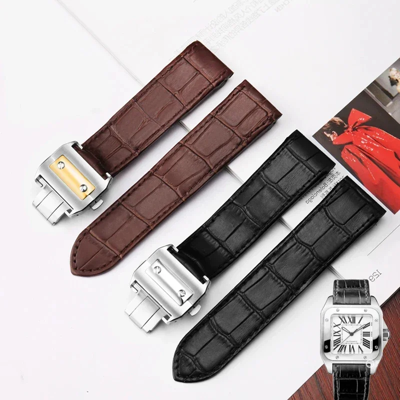 

High Quality Cowhide Watch Strap For Cartier Santos 100 genuine Leather Men's and women's Watchband 20mm 23mm Wristband bracelet