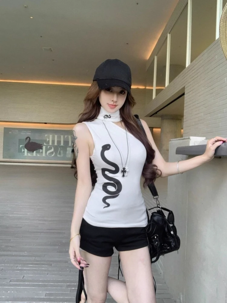 Fashion Snake Print Asymmetric Neckline Camisole Top for Women Sleeveless Slim Fit White Clubwear Streetwear Summer Layered