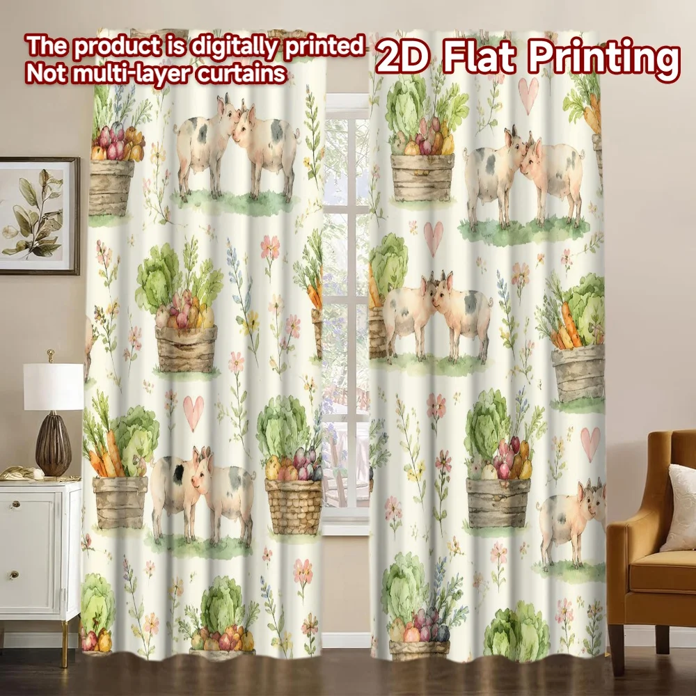 2D FLAT PRINTING 2pcs Curtains (Without Rod) Farm Pigs and Vegetables Print Chic Curtains Durable 100% Polyester Fabric Curtains