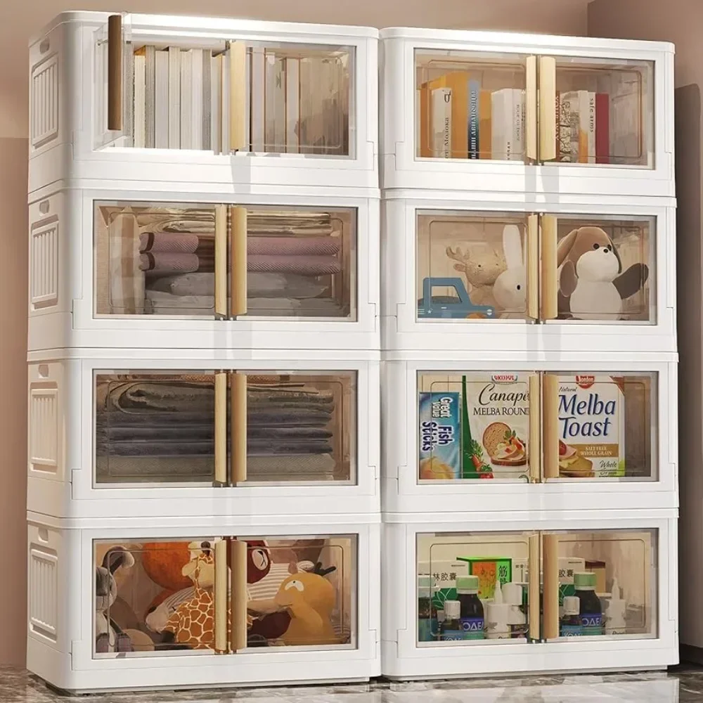 Stackable Collapsible Storage Bins With Lids - 4 Pack 19 Gallon Large Foldable Storage Boxes With Doors and Wheels Plastic Box