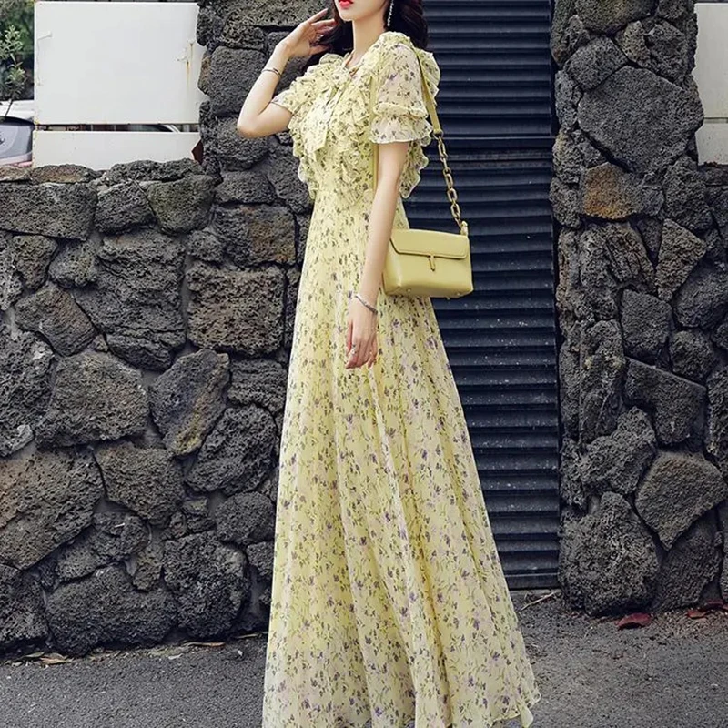 

Korean Casual Beach Chiffon Floral Dresses Women 2024 Summer Party Vestidos Y2K Formal Maxi Elegant Slim Ruffles Evening Dress