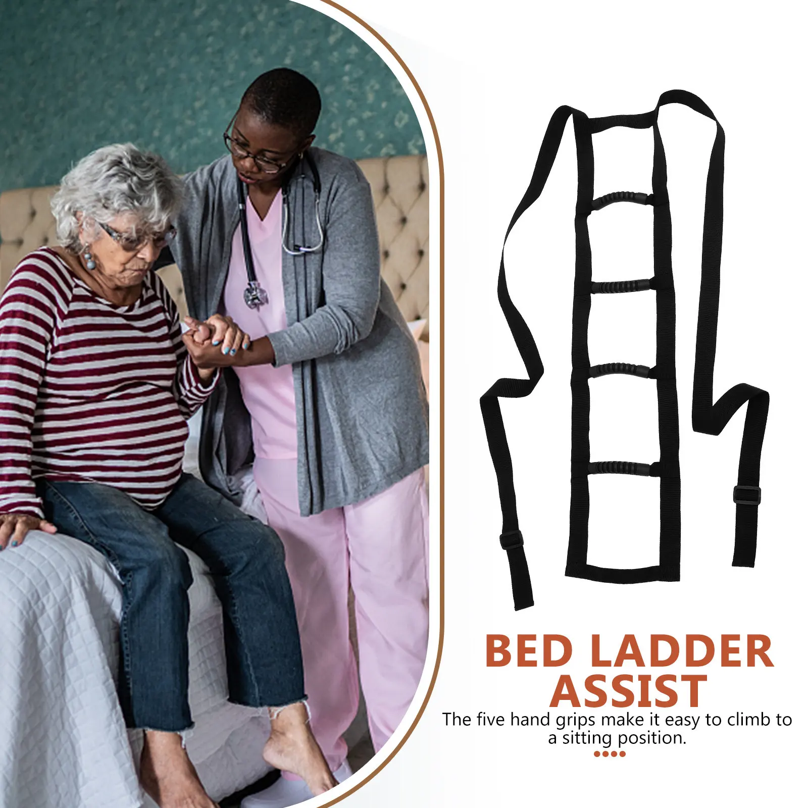 Bed Ladder Sit Up Assist Device with 5 Cushioned Non-Slip Handles Adjustable Bed Pull Up Strap for Elderly Seniors Recovery