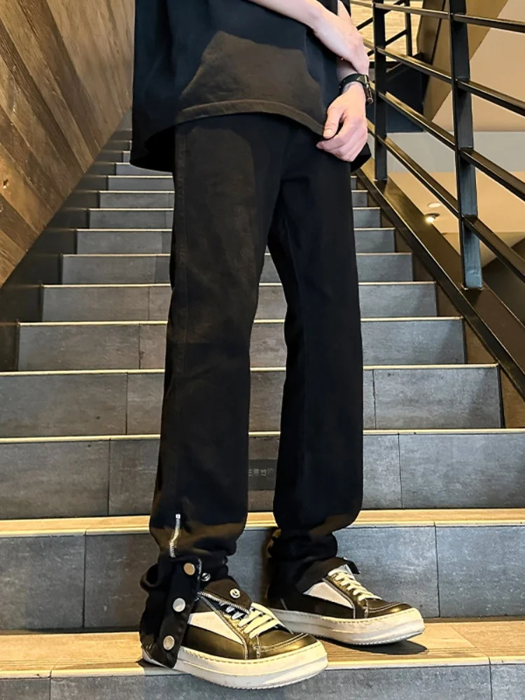 

Slim Fit Straight Leg Jeans Men's American High Street Vibe Trousers Autumn Design Sense Zipper Slit Slimming Long Pants Trendy