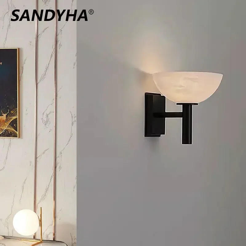

SANDYHA Spanish Marble All Copper Wall Lamp for Living Room Decor Home Bedroom Bedside Led Light Study Indoor Lighting Fixtures