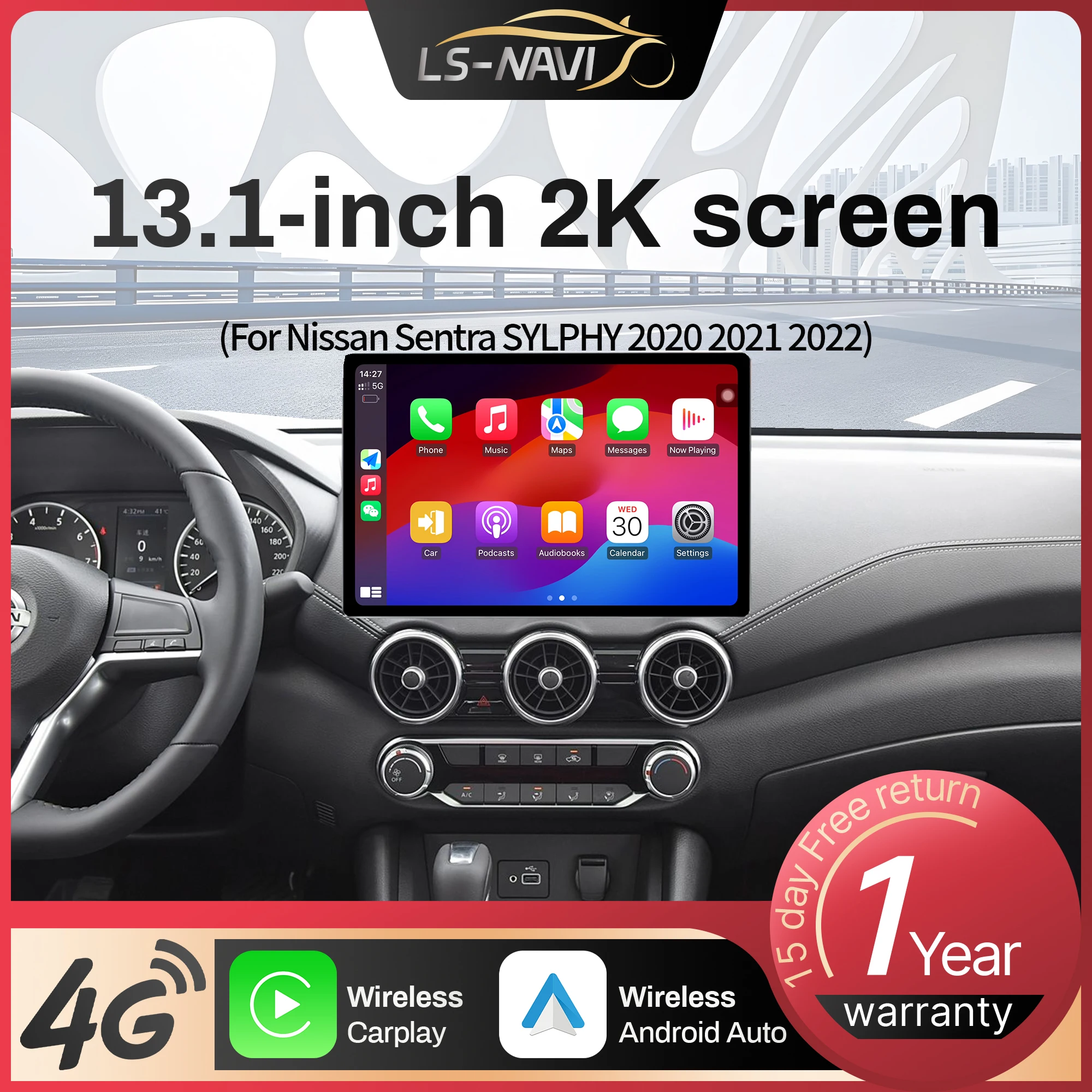 

13.1 inch For Nissan Sentra SYLPHY 2020 2021 2022 Car Radio Multimedia Navigation GPS Wireless Android CarPlay 4G QLED Screen