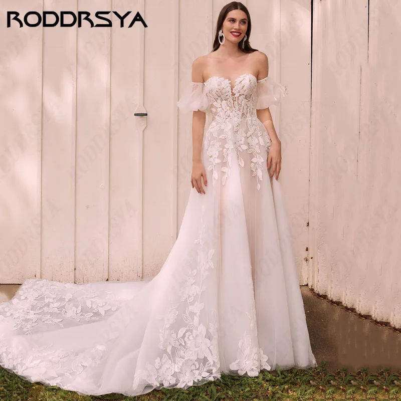 RODDRSYA Sexy Querida Lace A Linha Vestidos De Casamento Boho Manga Curta Puff Festa Nupcial Elegante Branco Tulle Vestidos De Novia Sexy Querida Lace A Linha Vestidos De Casamento Boho Manga Curta Puff Festa Nupcial E